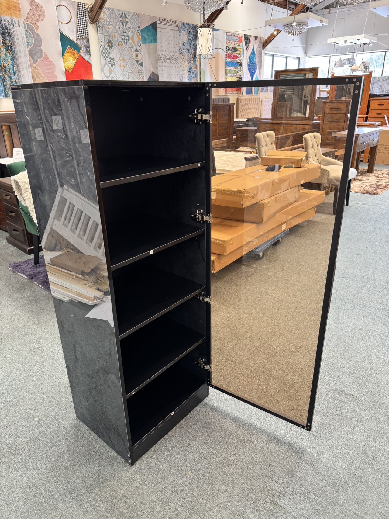 Jessie 1 Door High Gloss Black/Grey Marble Pattern Display Cabinet