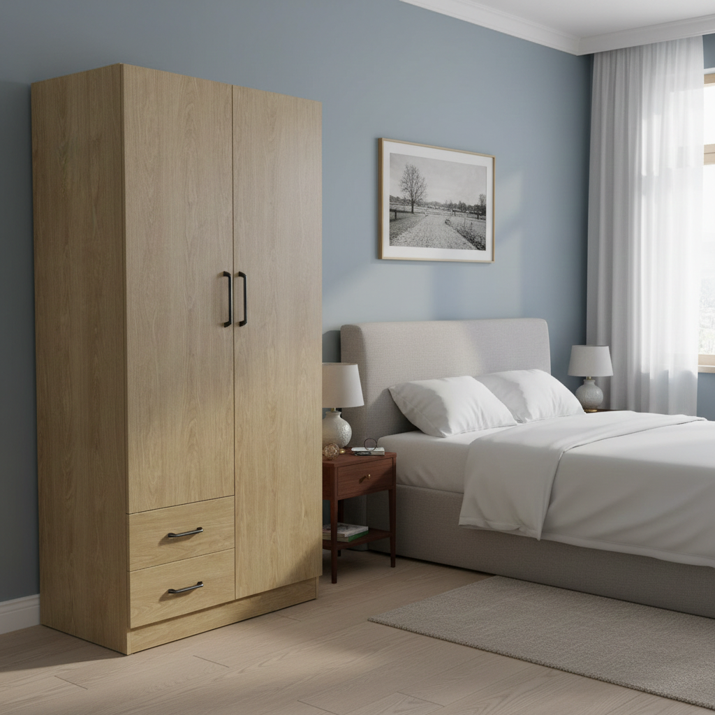 Silvia 2 Door With 2 Drawers Wardrobe (2 Colors Available- High Gloss White, Semi Gloss Wooden)