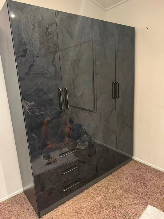 Silvia 4 Door Wardrobe With 3 Drawers Marble Pattern High Gloss